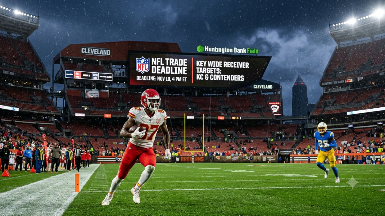 Kansas City Chiefs and Los Angeles Chargers players in action during an NFL regular season game with a stadium jumbotron showing trade deadline updates.