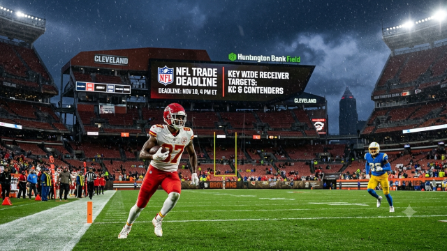 Kansas City Chiefs and Los Angeles Chargers players in action during an NFL regular season game with a stadium jumbotron showing trade deadline updates.