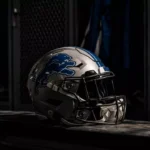 Detroit Lions helmet on a locker room bench following the release of cornerback Terrion Arnold.