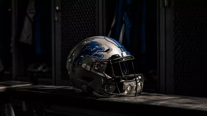Detroit Lions helmet on a locker room bench following the release of cornerback Terrion Arnold.