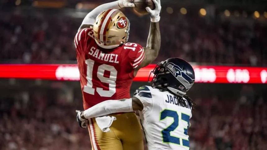 San Francisco 49ers wide receiver Brandon Aiyuk making a spectacular catch amidst Kansas City Chiefs trade rumors.